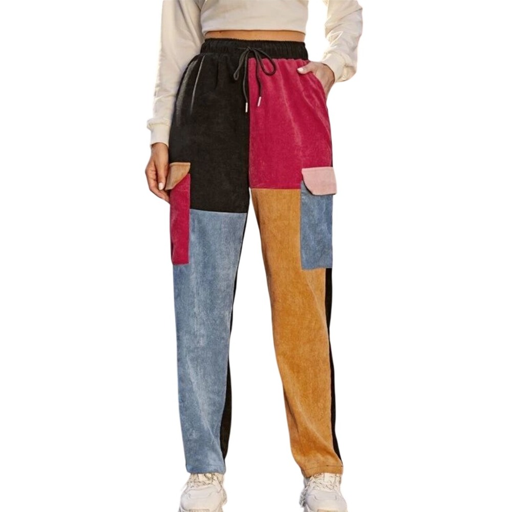SHEIN Women XS Colorblock Casual‎ Corduroy Pants Drawstring Waist